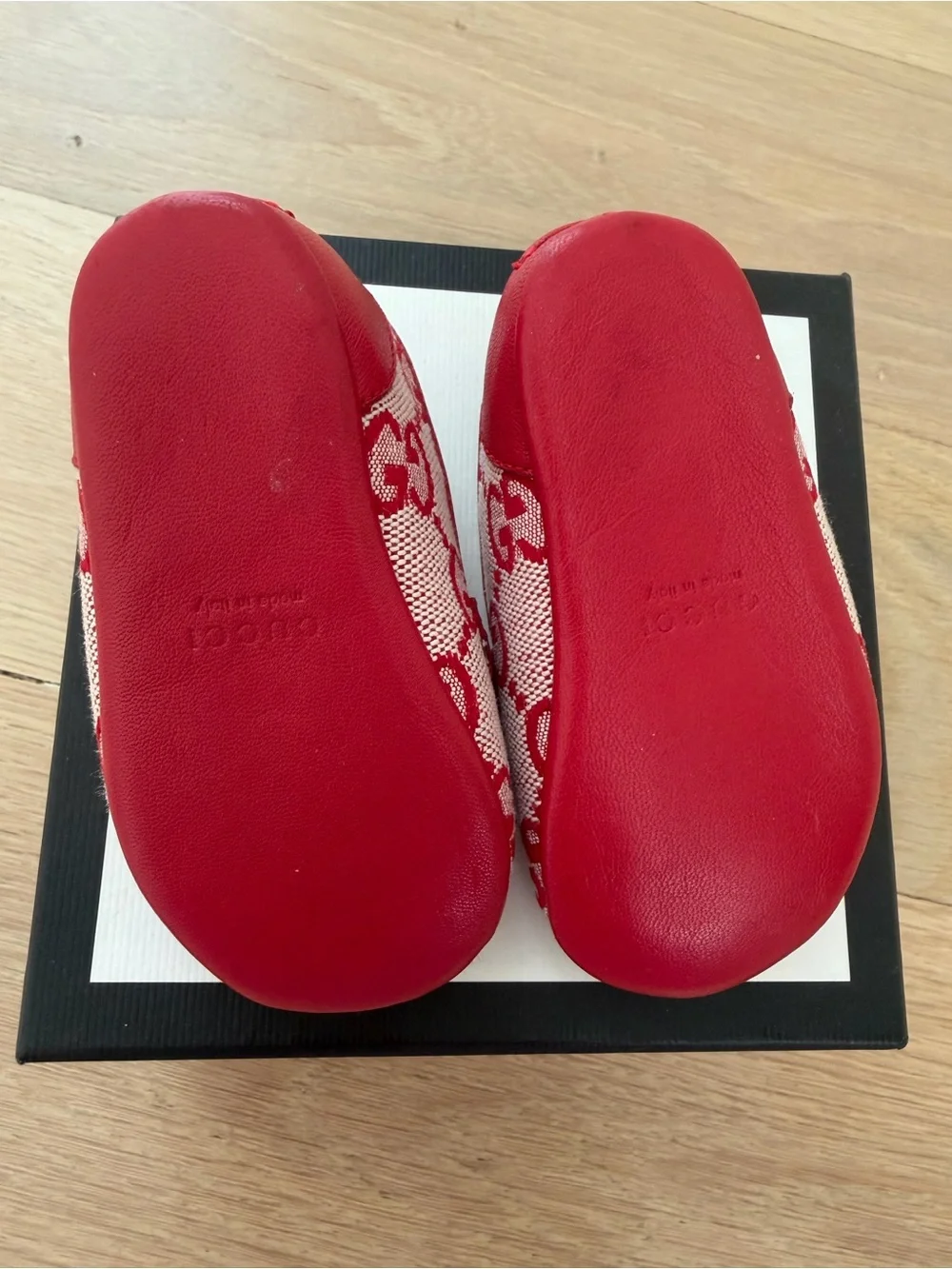 Gucci Kids Red Monogram Moccasins with Horsebit